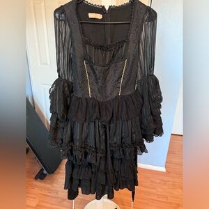 Gothic Lolita Black Ruffle Dress with Sheer Sleeves (Worn Once, Size XS)